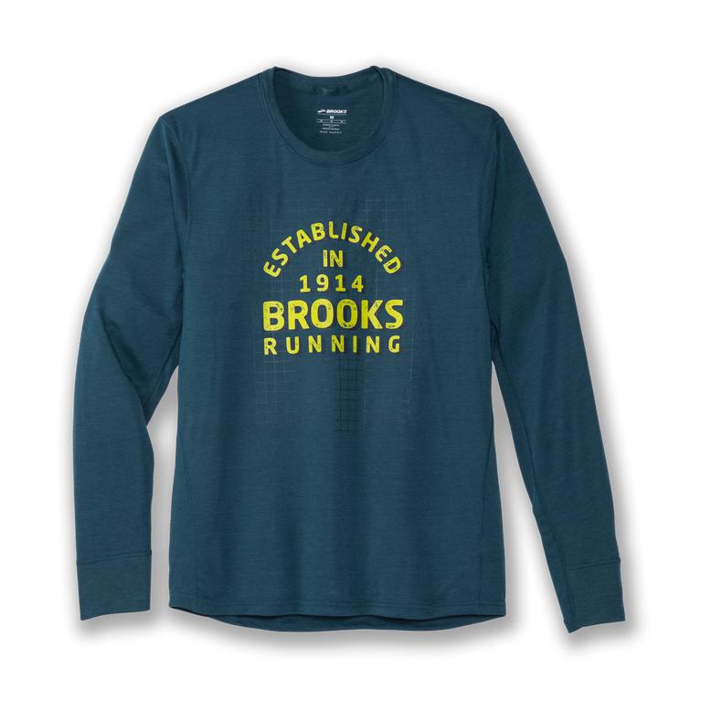 Brooks Distance Graphic Men's Long Sleeve Running Shirt - Heather Alpine/Running/CadetBlue (54086-EO